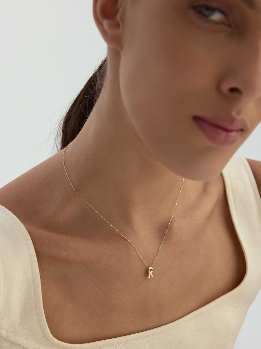 Letter R Classic Initial Necklace in 14K Gold