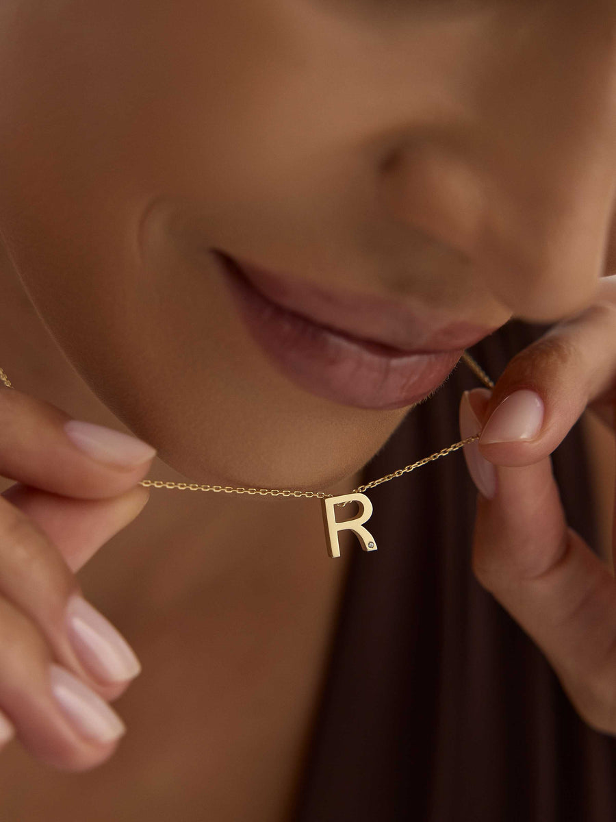 Letter R Stone Initial Necklace in 14K Gold