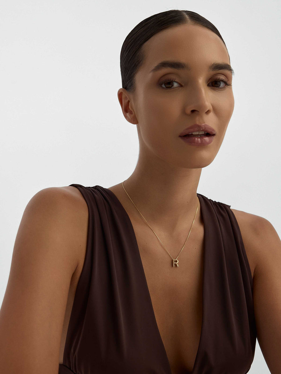 Letter R Stone Initial Necklace in 14K Gold