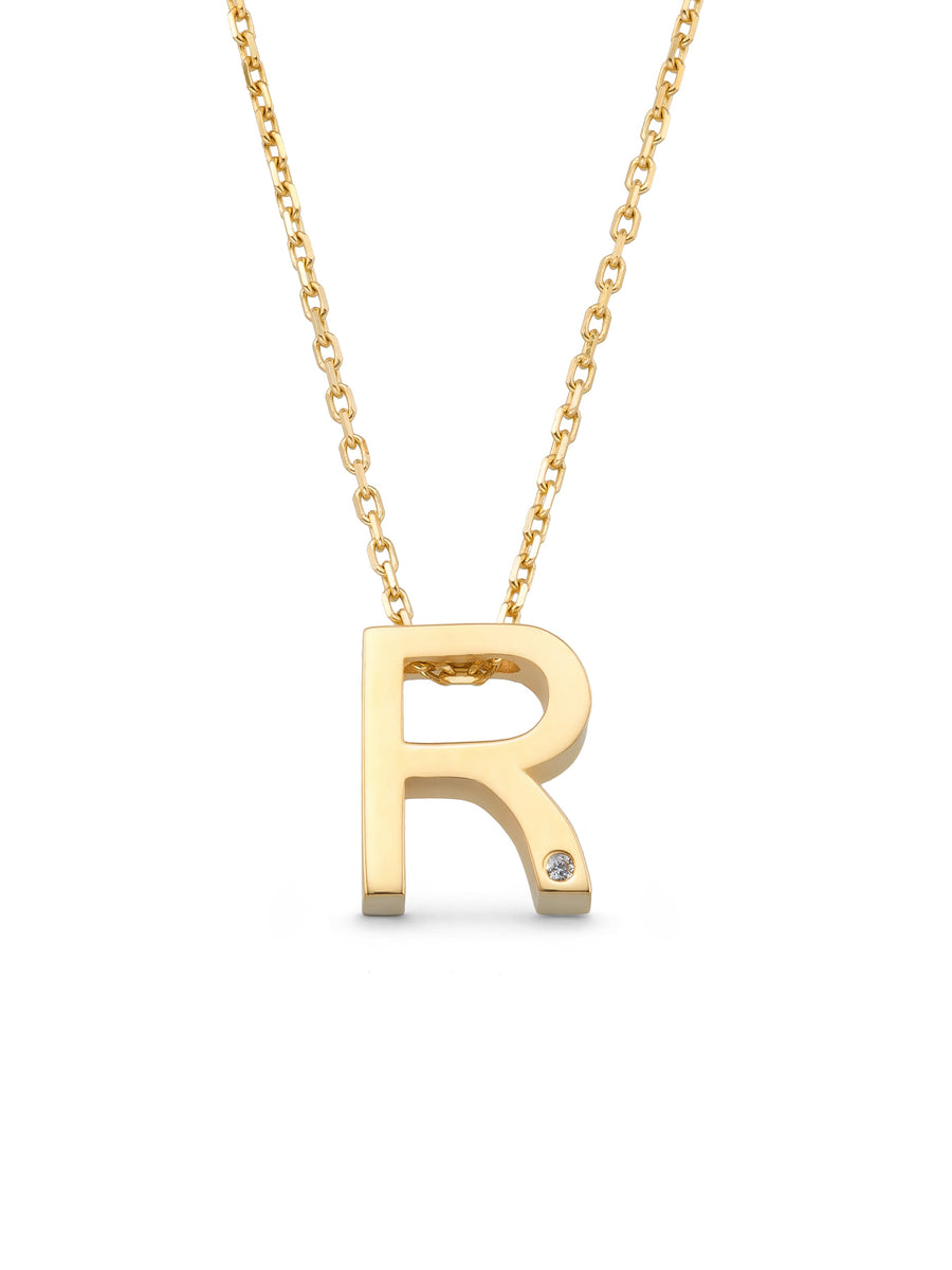 Letter R Stone Initial Necklace in 14K Gold