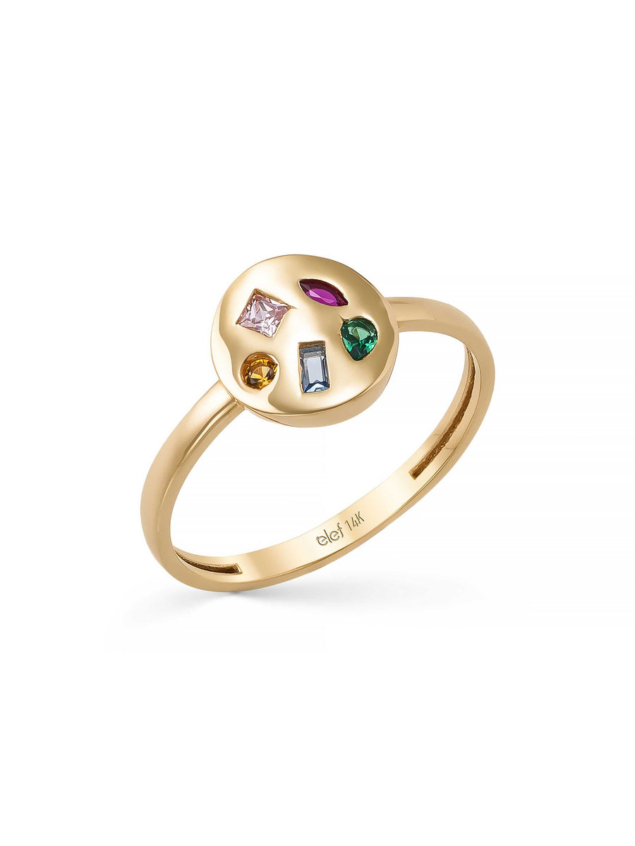 Multicolor Stone Disk Form Ring in 14K Gold