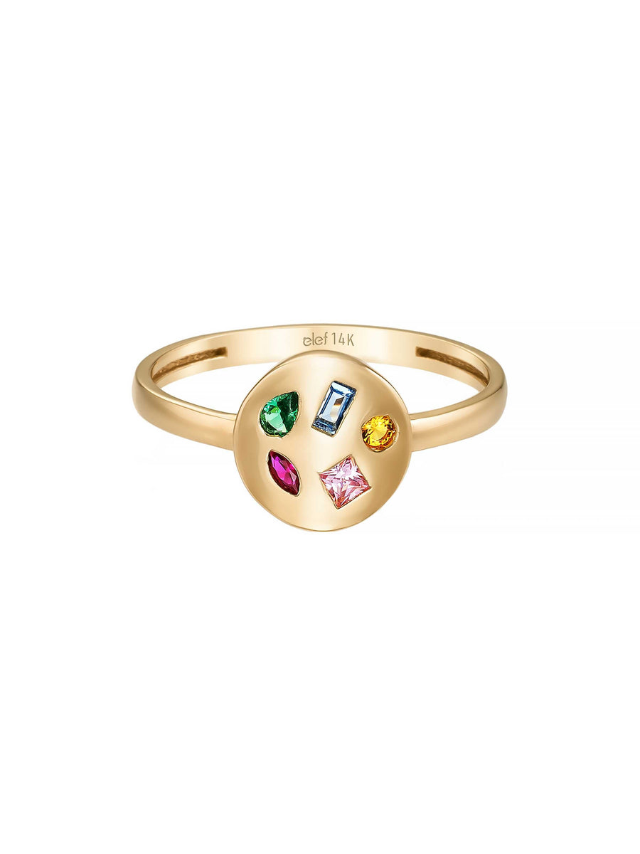 Multicolor Stone Disk Form Ring in 14K Gold