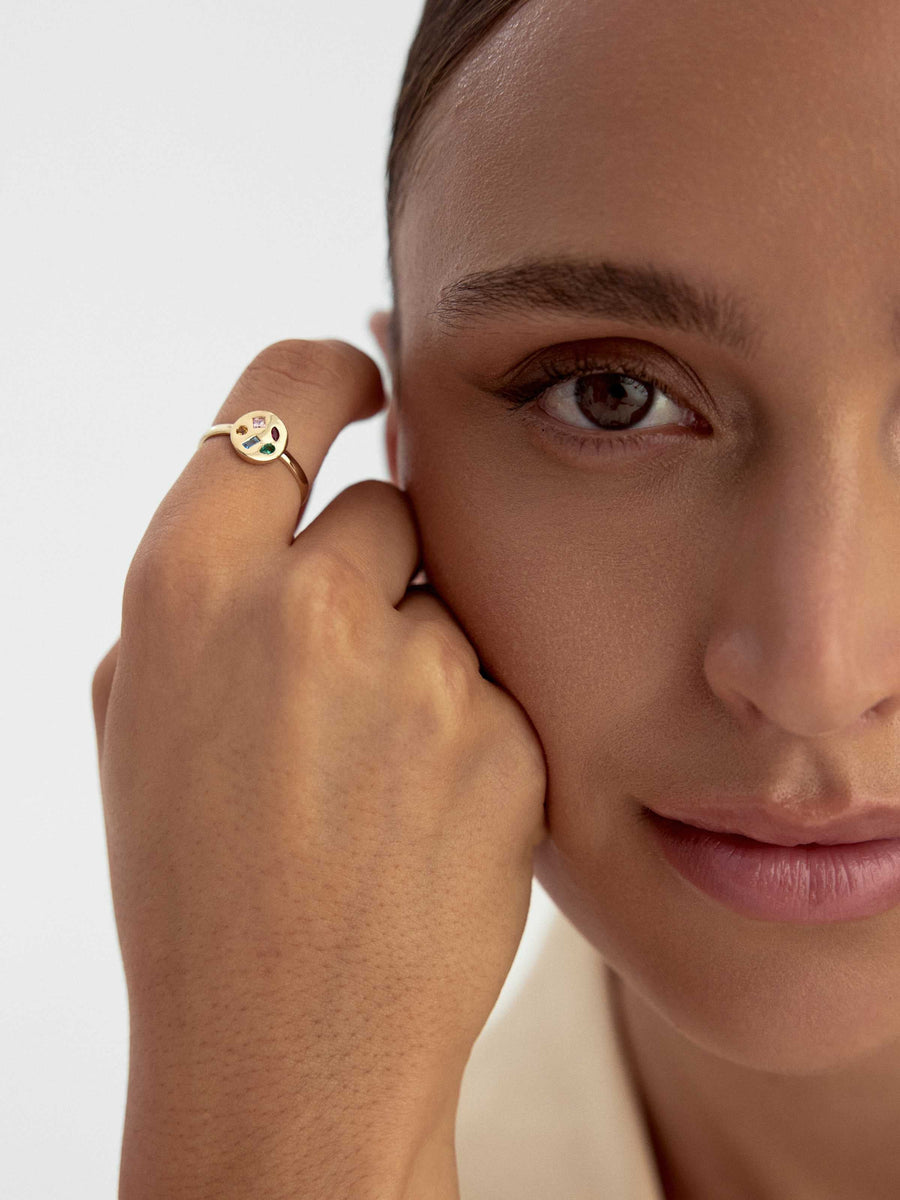 Multicolor Stone Disk Form Ring in 14K Gold