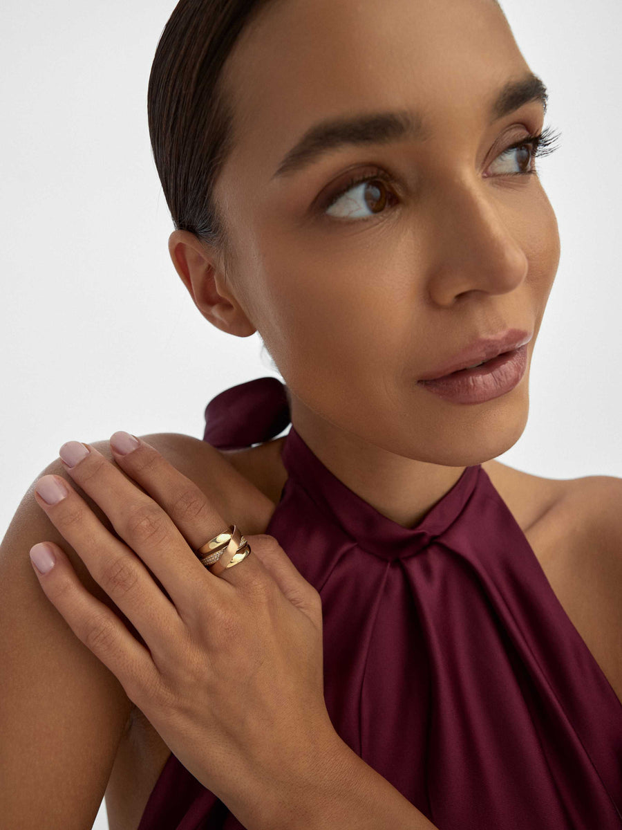 Rose–Yellow Gold Two Multicolor Double Stone-Set Ring in 14K Gold