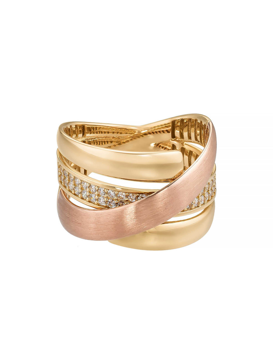 Rose–Yellow Gold Two Multicolor Double Stone-Set Ring in 14K Gold