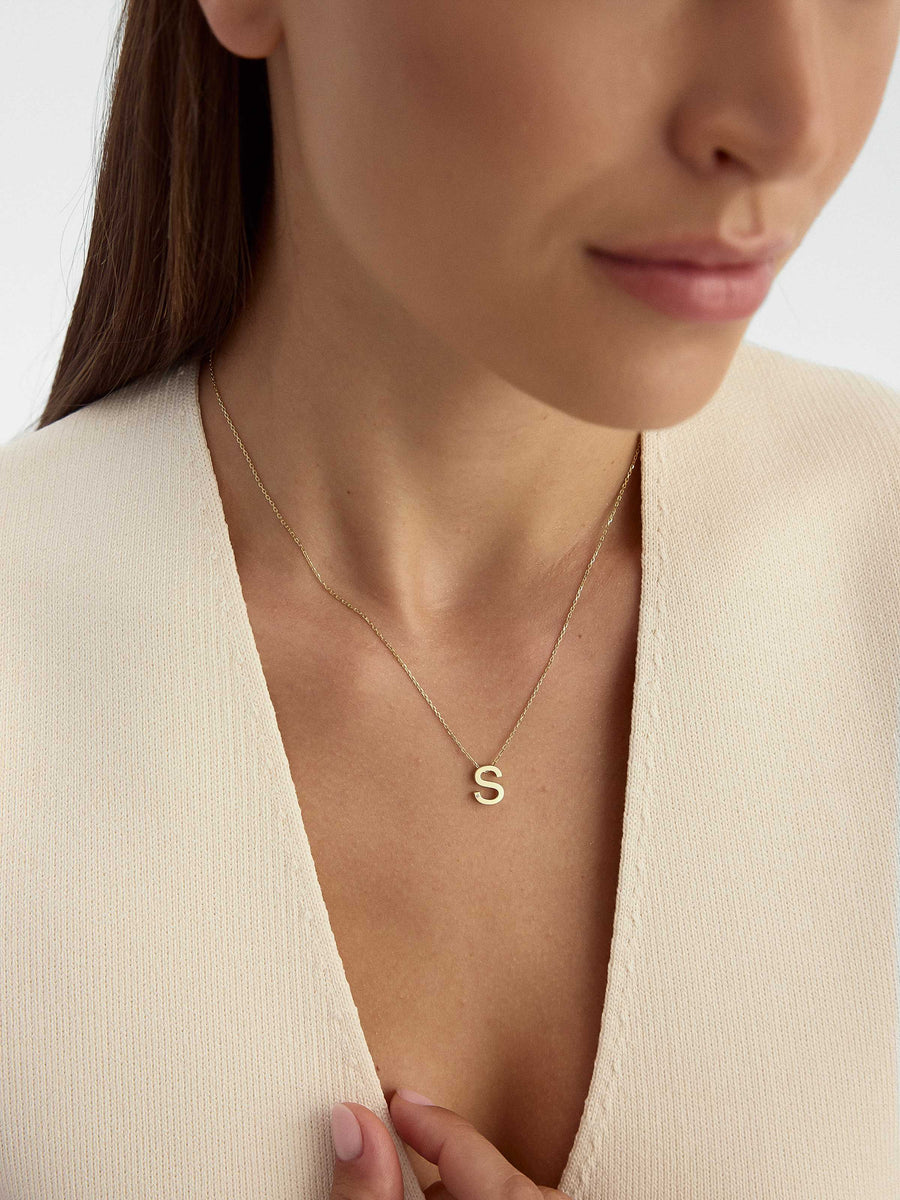 Letter S Stone Initial Necklace in 14K Gold