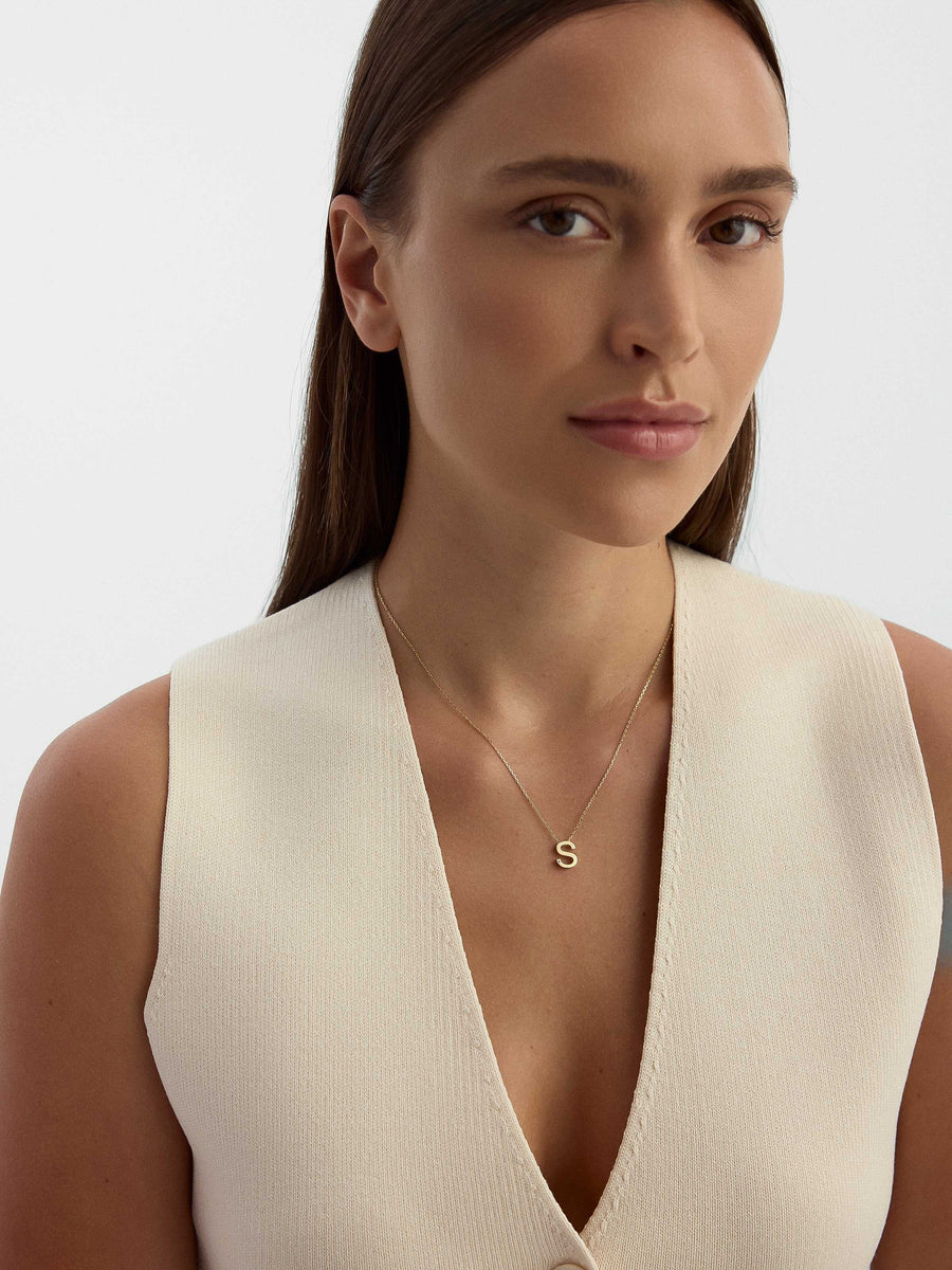 Letter S Stone Initial Necklace in 14K Gold