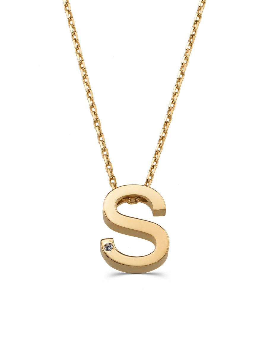 Letter S Stone Initial Necklace in 14K Gold
