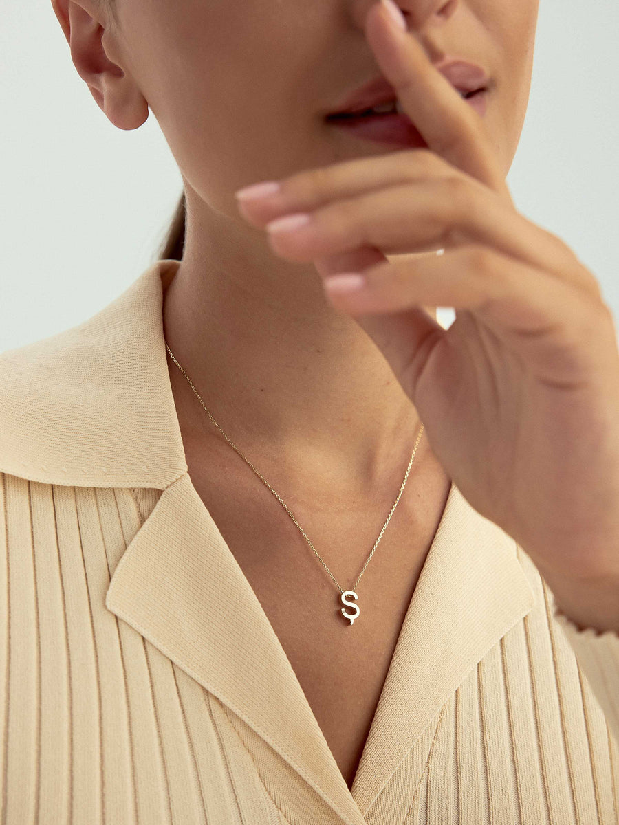 Letter S Stone Initial Necklace in 14K Gold