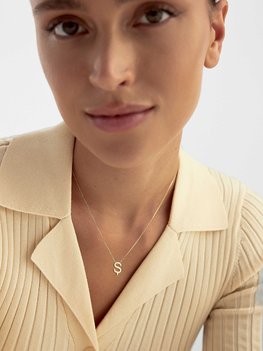 Letter S Stone Initial Necklace in 14K Gold