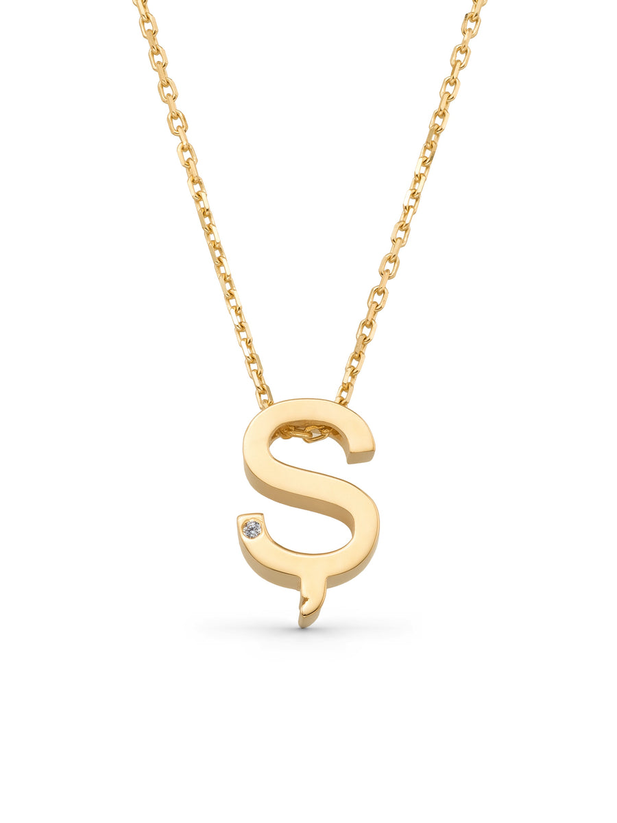 Letter S Stone Initial Necklace in 14K Gold