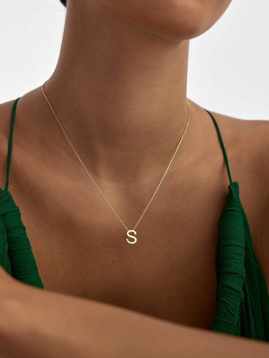 Letter S Stone Initial Necklace in 14K Gold
