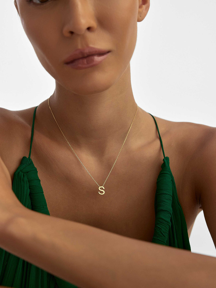 Letter S Stone Initial Necklace in 14K Gold