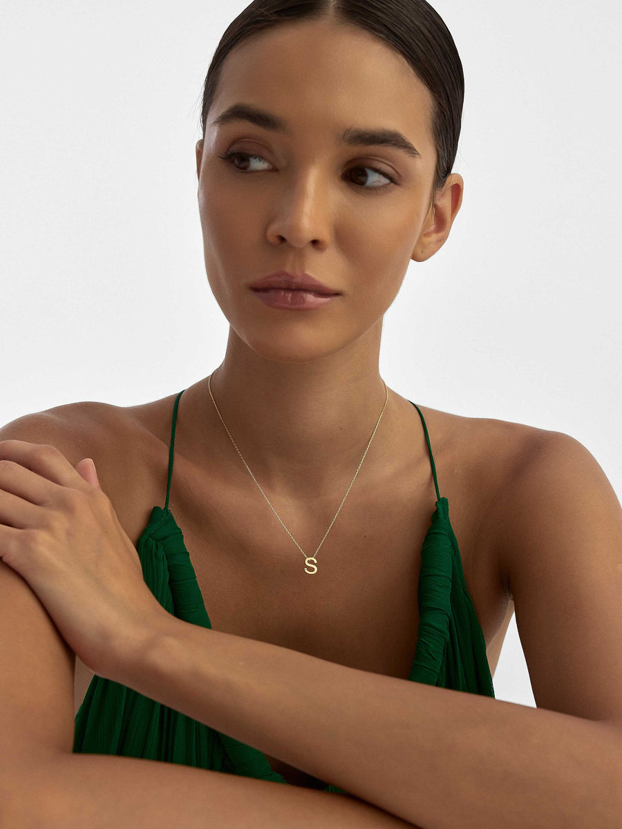 Letter S Stone Initial Necklace in 14K Gold