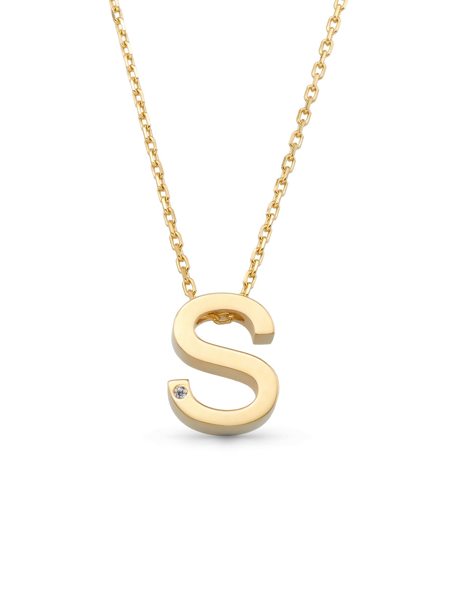 Letter S Stone Initial Necklace in 14K Gold