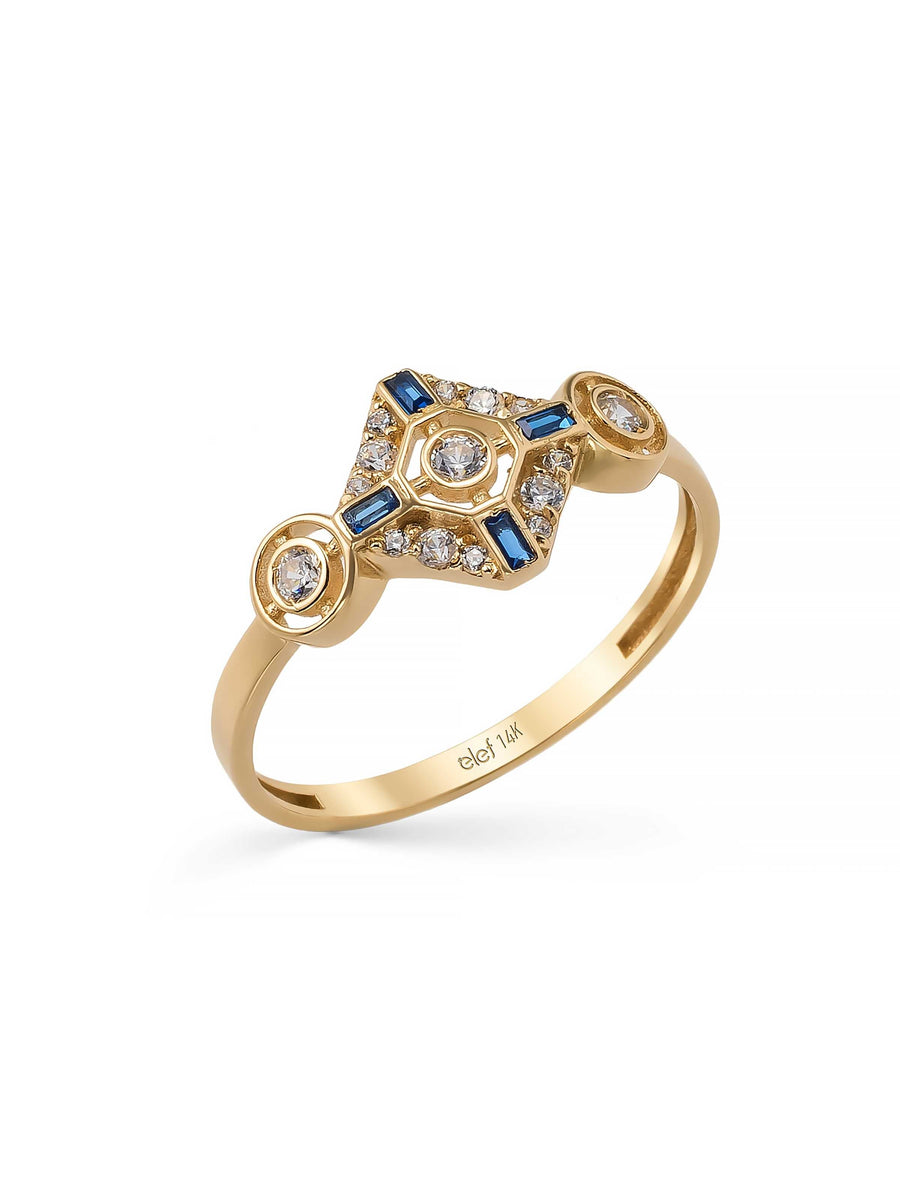 Sapphire-Inspired Baguette & Round-Cut Stone Geometric Ring in 14K Gold