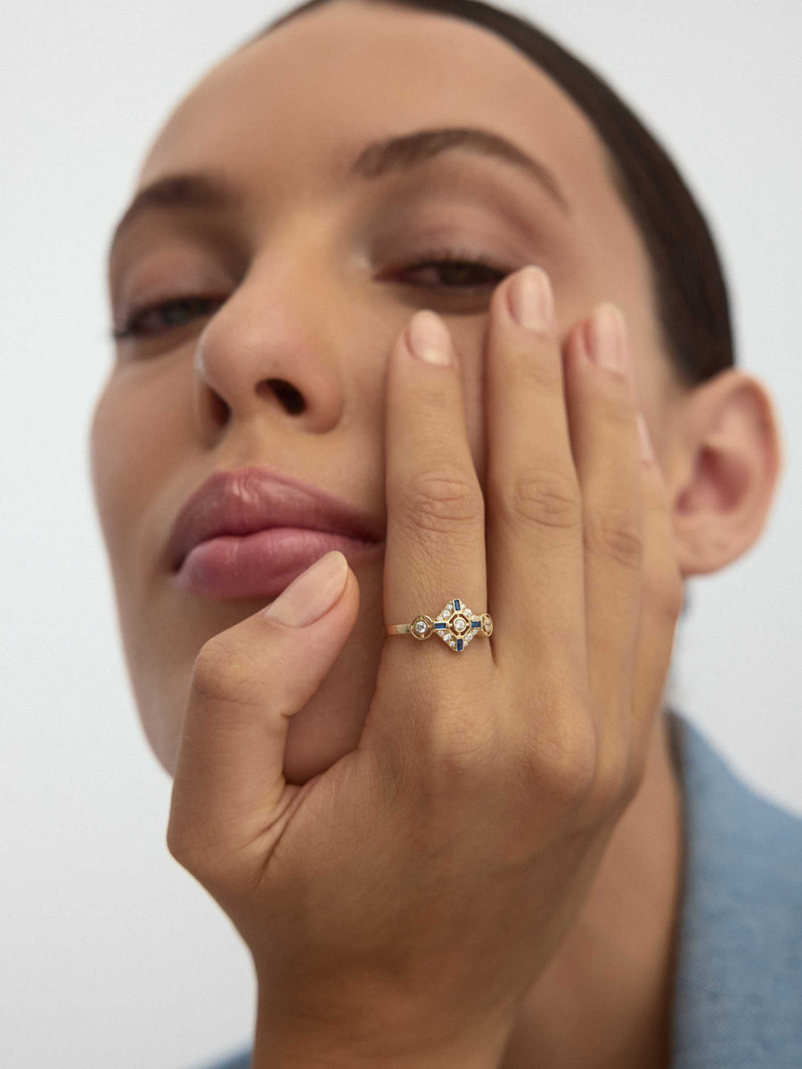 Sapphire-Inspired Baguette & Round-Cut Stone Geometric Ring in 14K Gold
