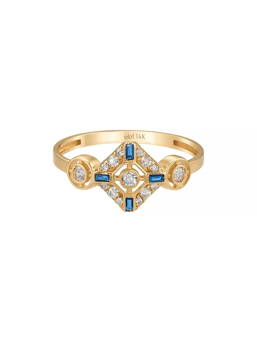 Sapphire-Inspired Baguette & Round-Cut Stone Geometric Ring in 14K Gold