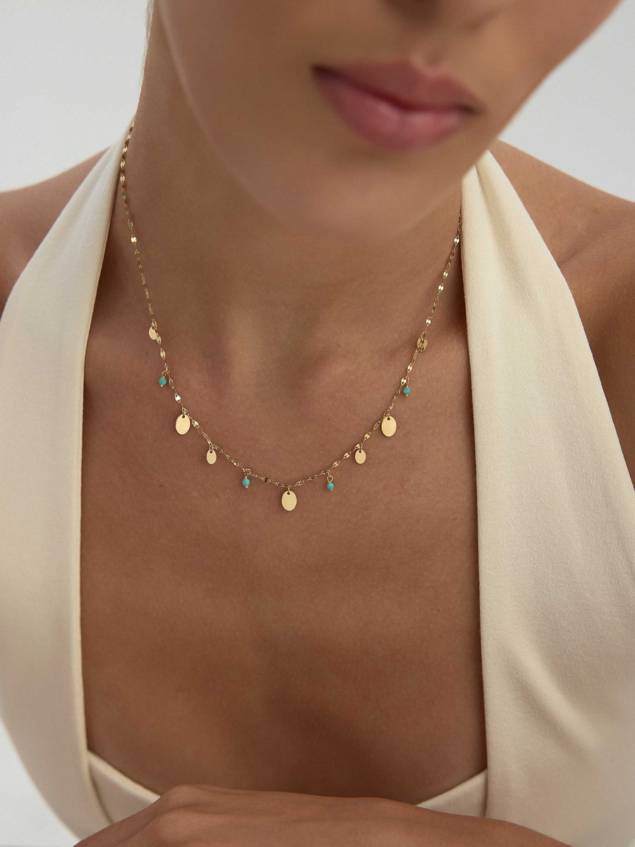 Drop Disc Accents & Turquoise Beaded Necklace in 14K Gold