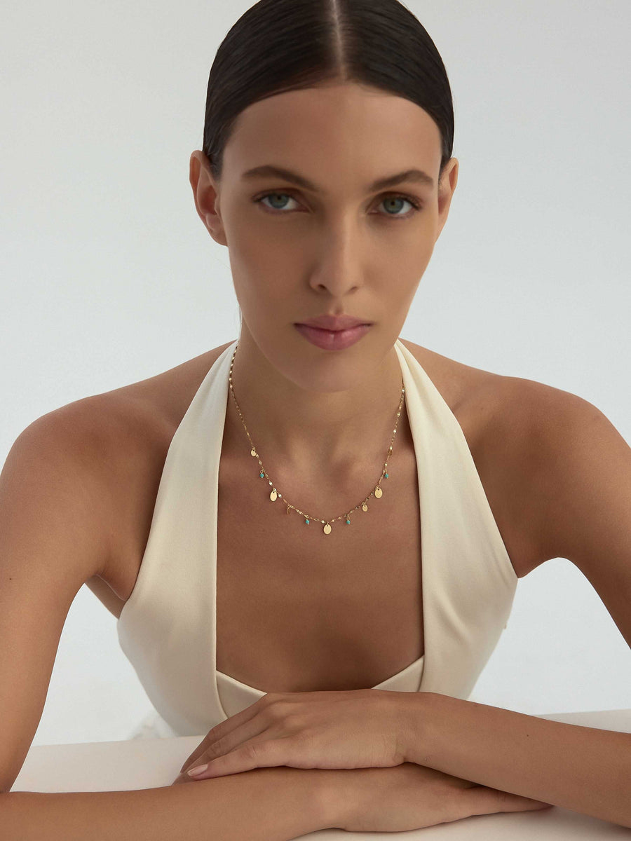 Drop Disc Accents & Turquoise Beaded Necklace in 14K Gold