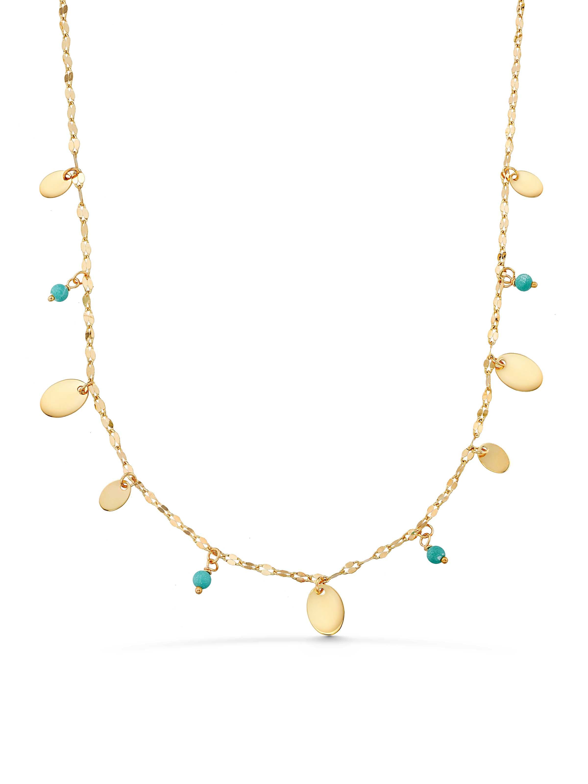 Drop Disc Accents & Turquoise Beaded Necklace in 14K Gold by Elef Jewelry