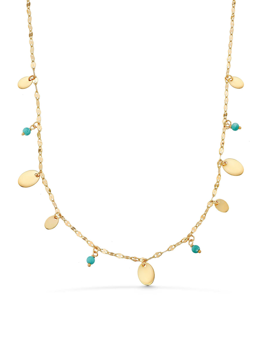 Drop Disc Accents & Turquoise Beaded Necklace in 14K Gold