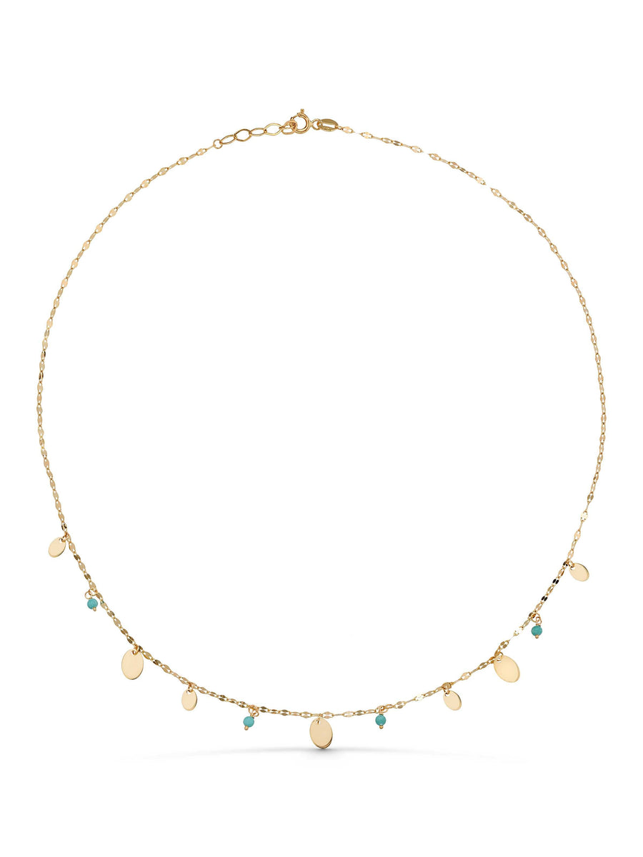 Drop Disc Accents & Turquoise Beaded Necklace in 14K Gold