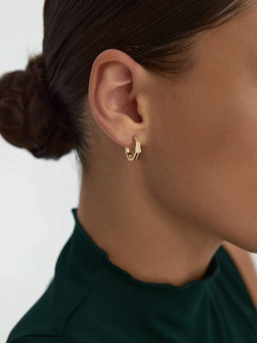 Sekizgen Form Stone-Set Hoop Earrings in 14K Gold