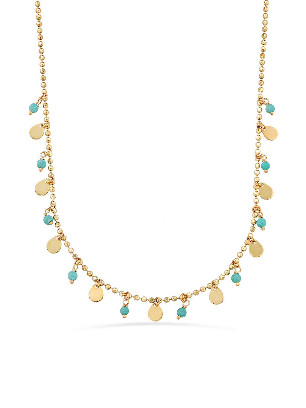 Row Dorika Bead Turquoise Stone Drop Disc Accents Necklace in 14K Gold by Elef Jewelry