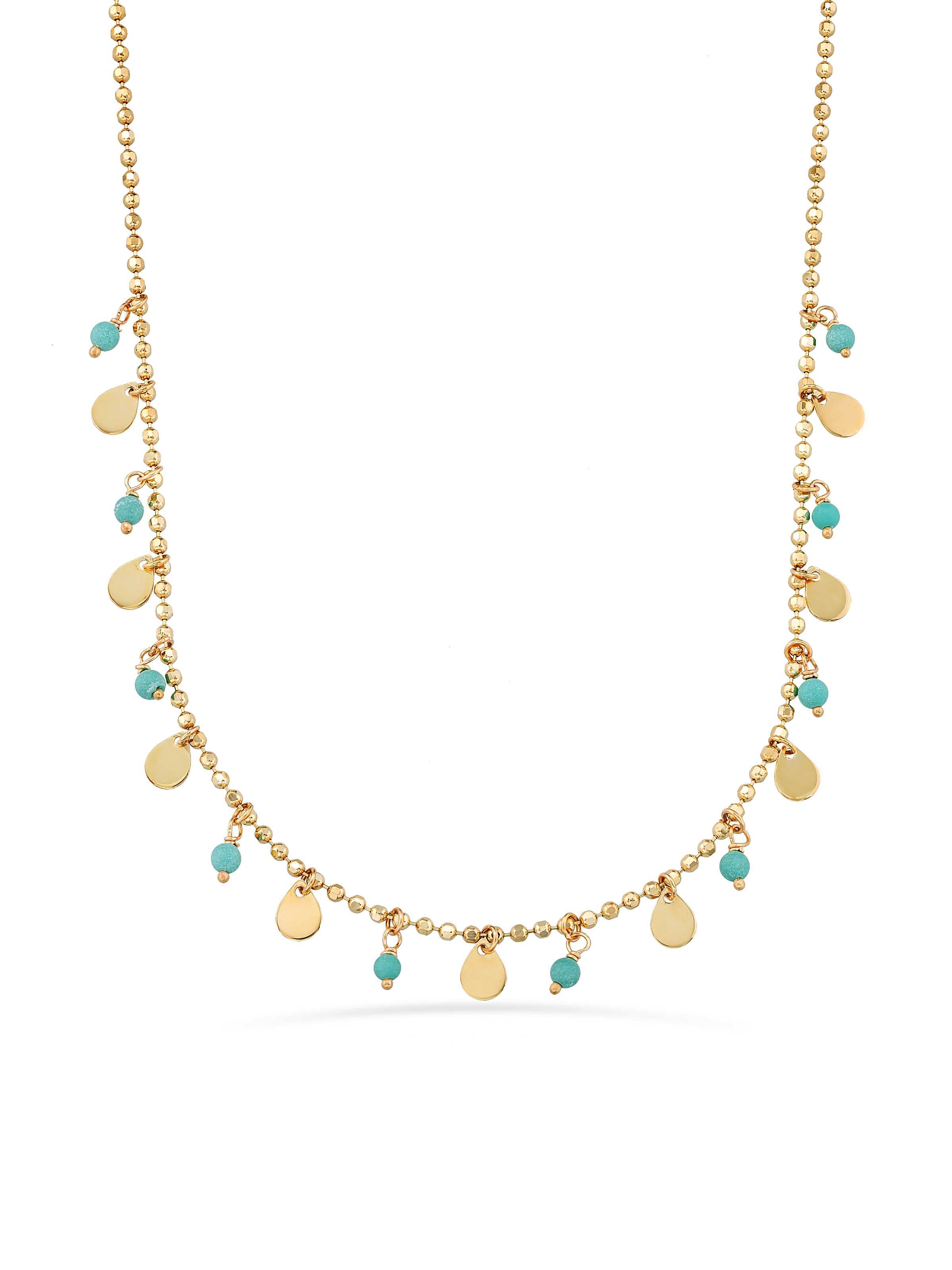 Row Dorika Bead Turquoise Stone Drop Disc Accents Necklace in 14K Gold by Elef Jewelry