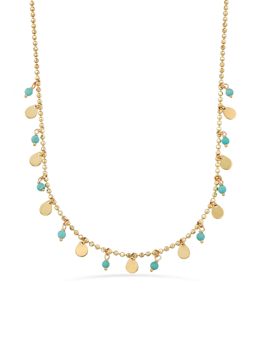 Row Dorika Bead Turquoise Stone Drop Disc Accents Necklace in 14K Gold