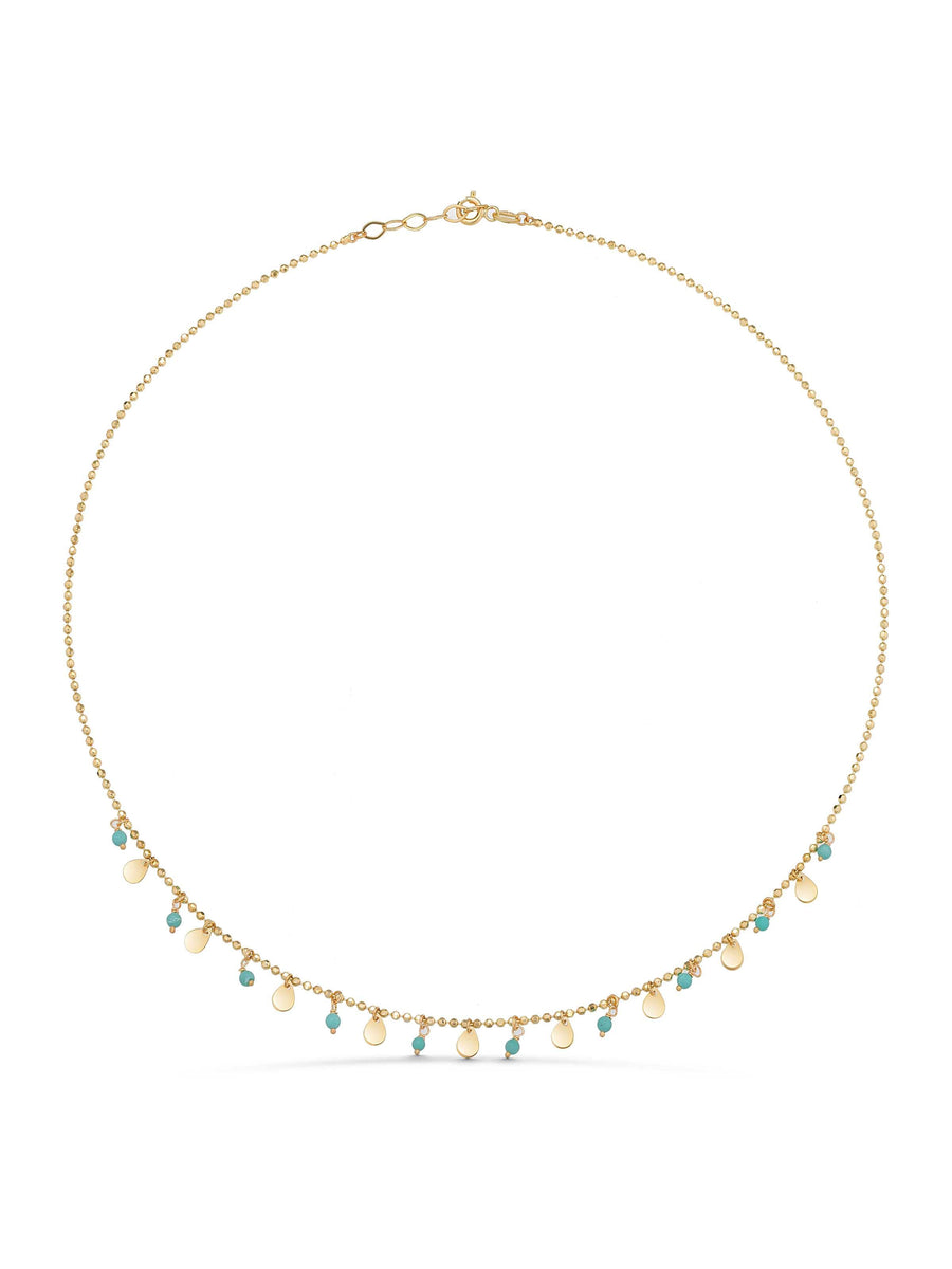 Row Dorika Bead Turquoise Stone Drop Disc Accents Necklace in 14K Gold