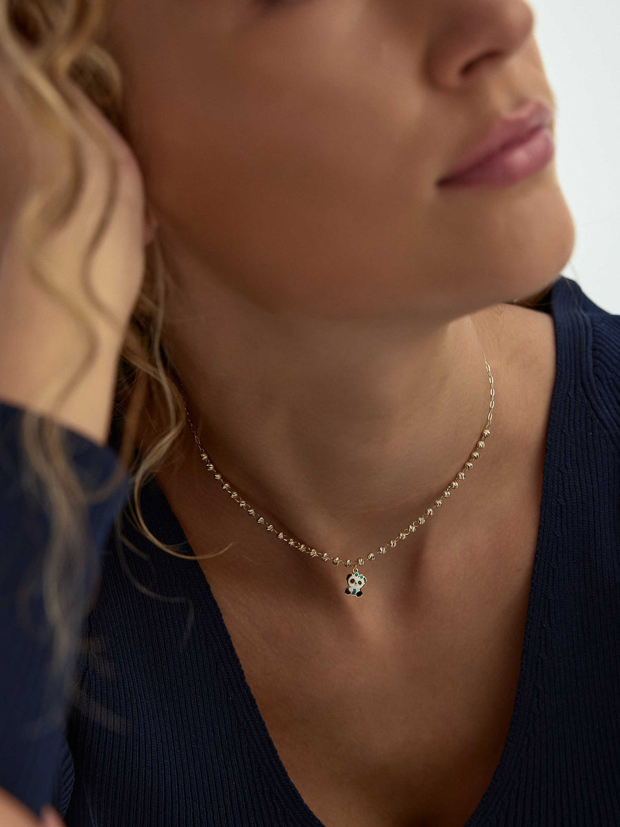 Row Dorika Bead Enamel Panda Necklace in 14K Gold