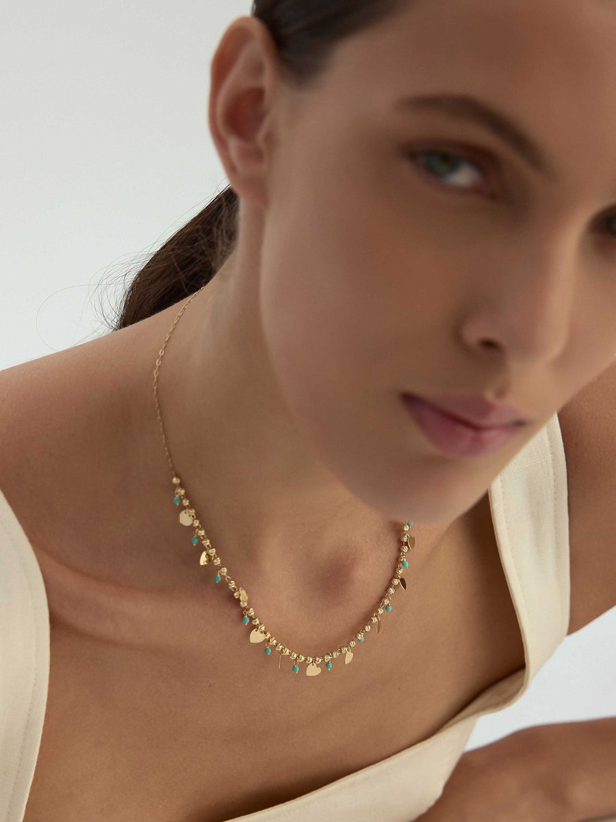 Row Dorika Bead Drop Heart Turquoise Stone Necklace in 14K Gold