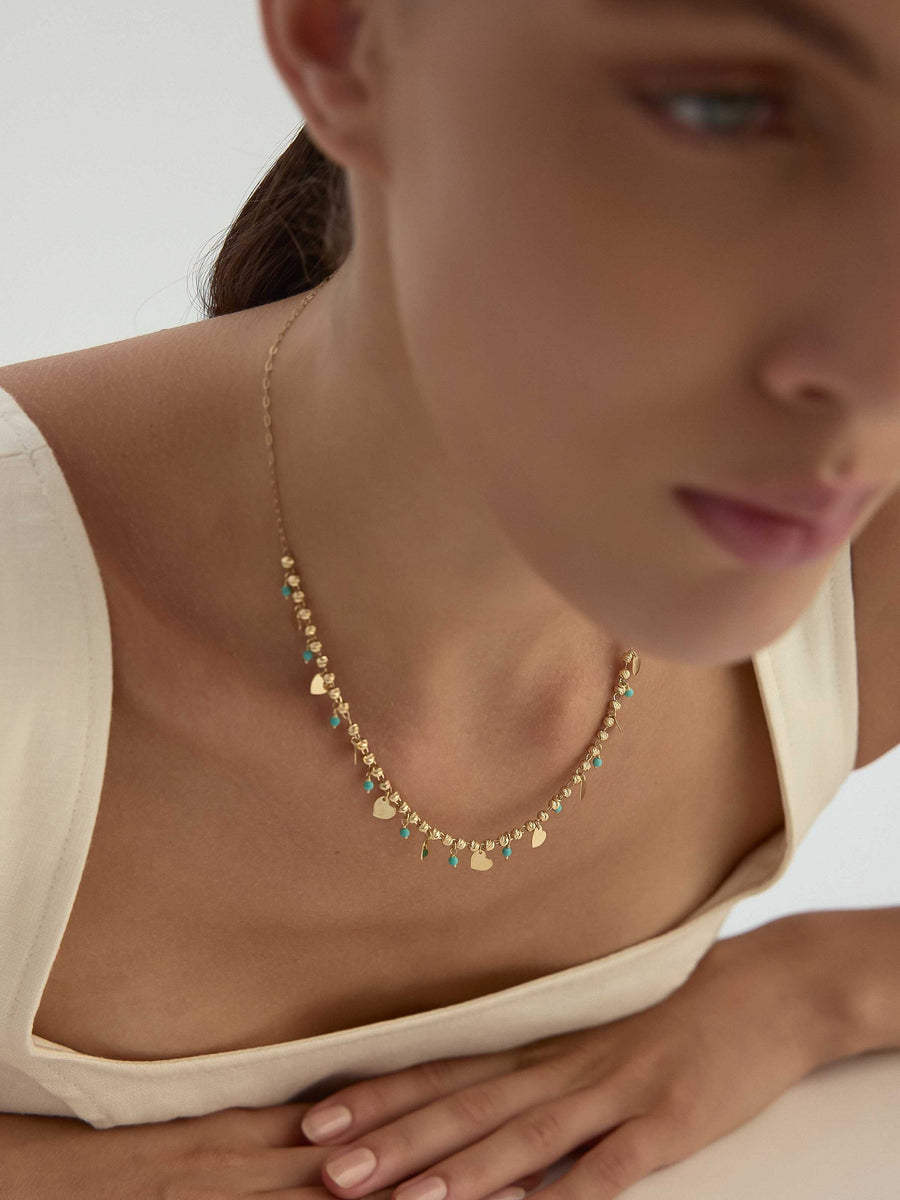 Row Dorika Bead Drop Heart Turquoise Stone Necklace in 14K Gold