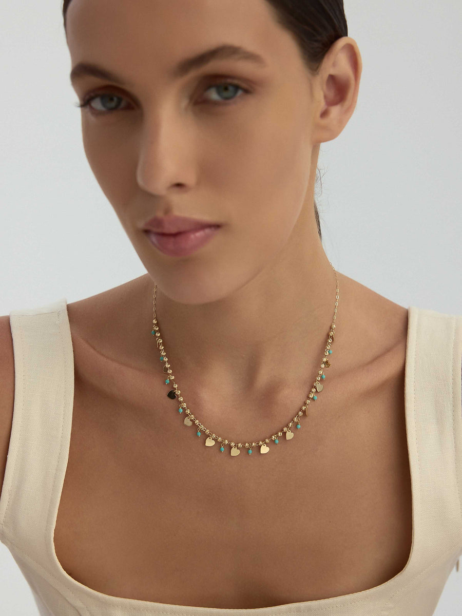 Row Dorika Bead Drop Heart Turquoise Stone Necklace in 14K Gold