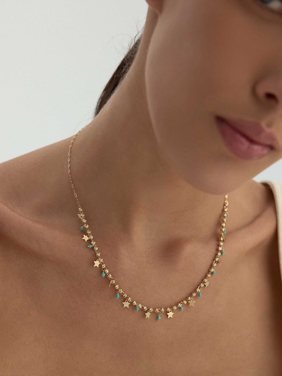 Row Dorika Bead Drop Star Turquoise Stone Necklace in 14K Gold