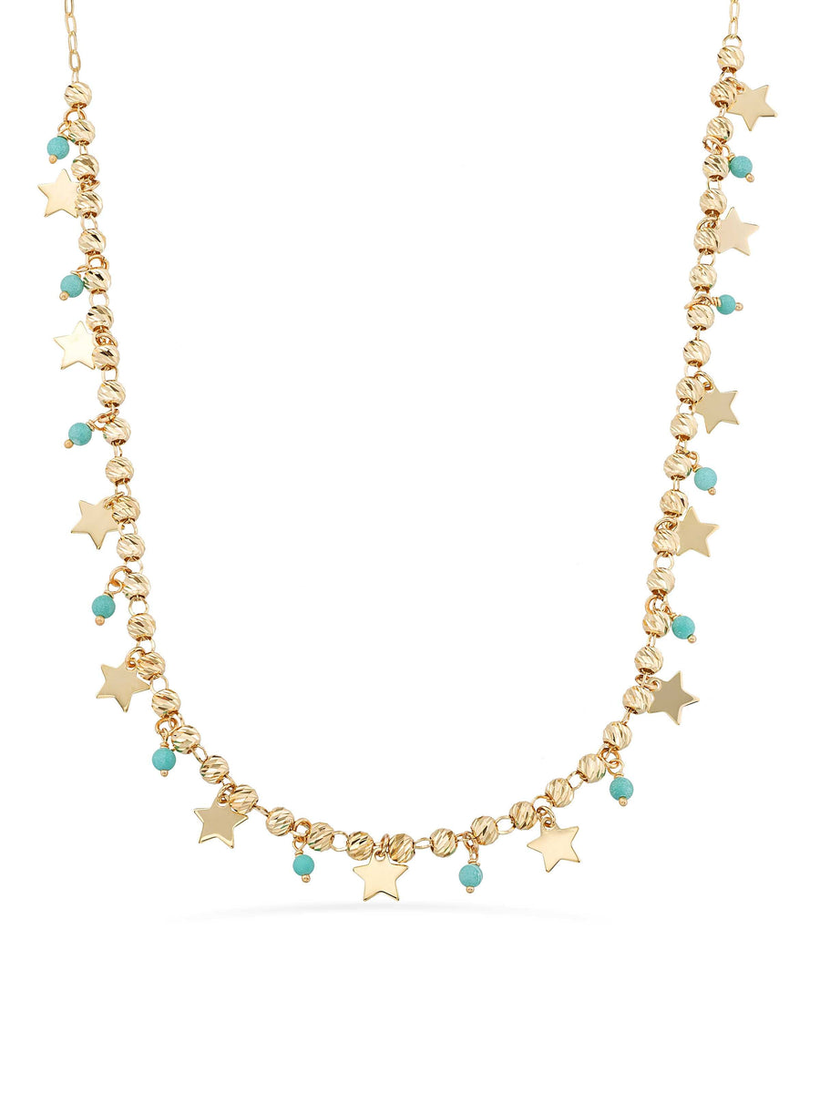Row Dorika Bead Drop Star Turquoise Stone Necklace in 14K Gold
