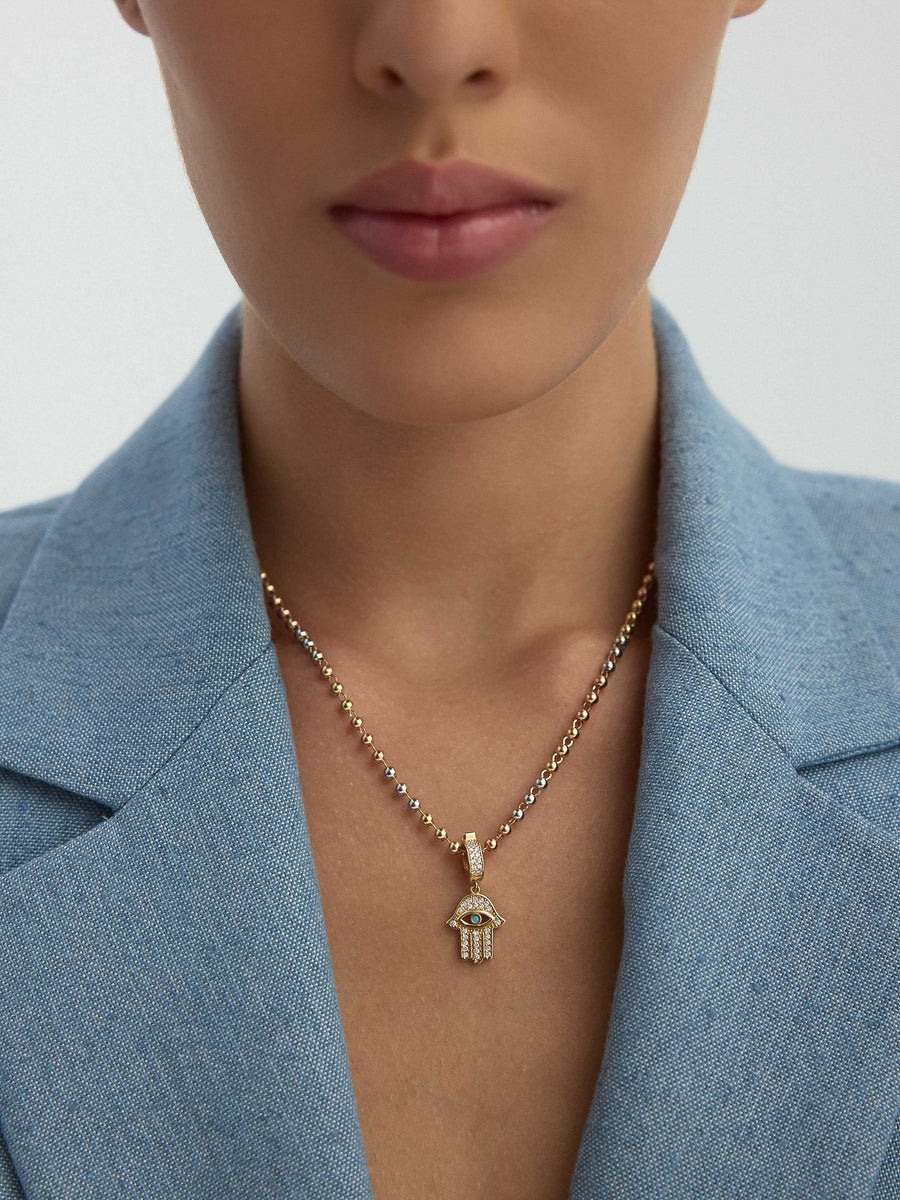 Row Dorika Bead Stone Hamsa Hand Necklace in 14K Gold