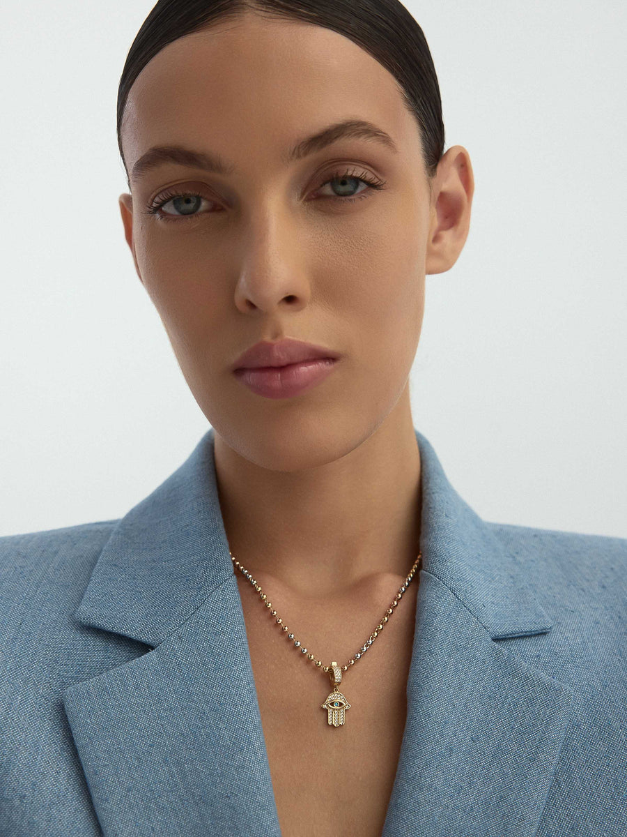 Row Dorika Bead Stone Hamsa Hand Necklace in 14K Gold