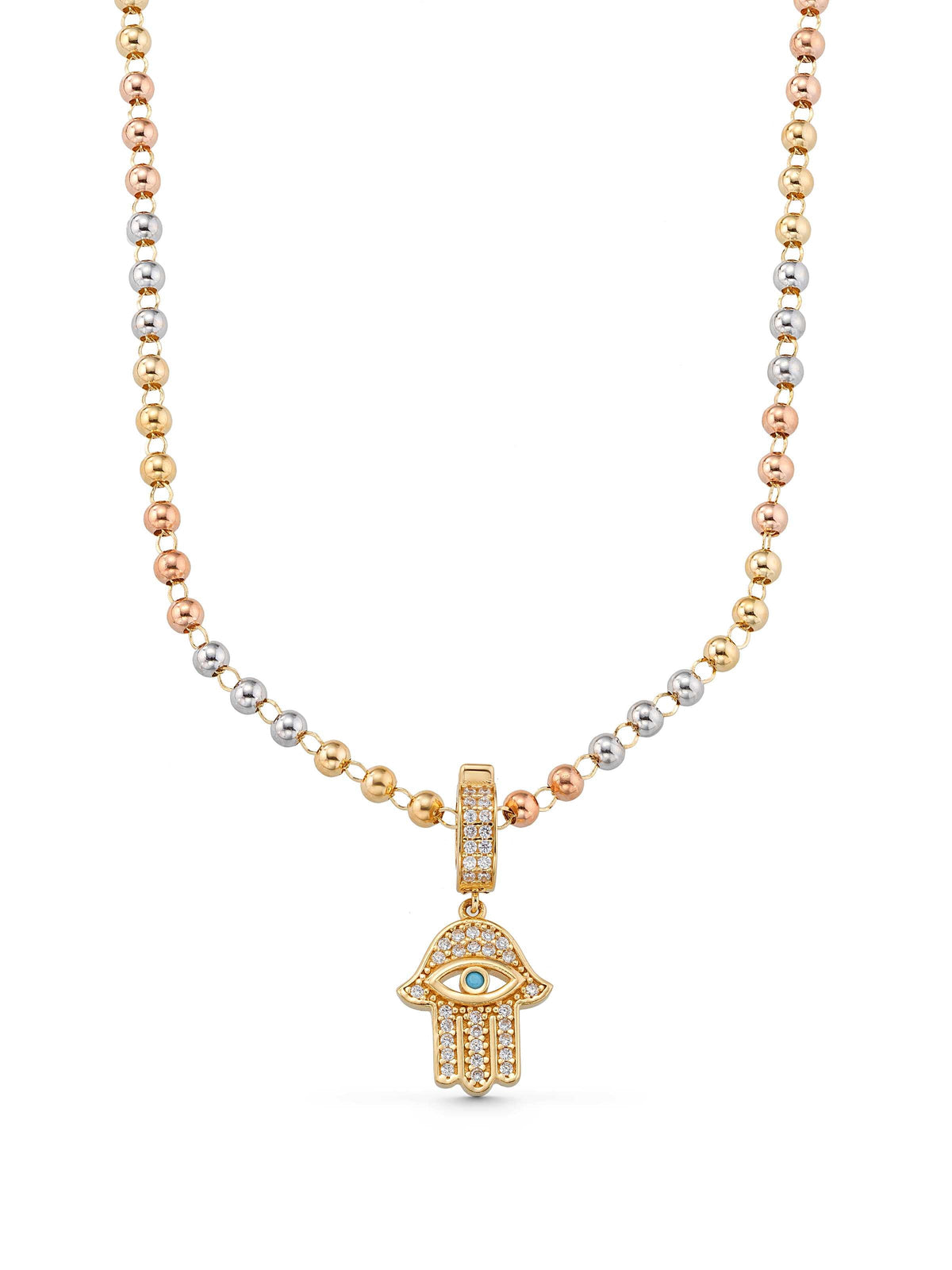 Row Dorika Bead Stone Hamsa Hand Necklace in 14K Gold by Elef Jewelry