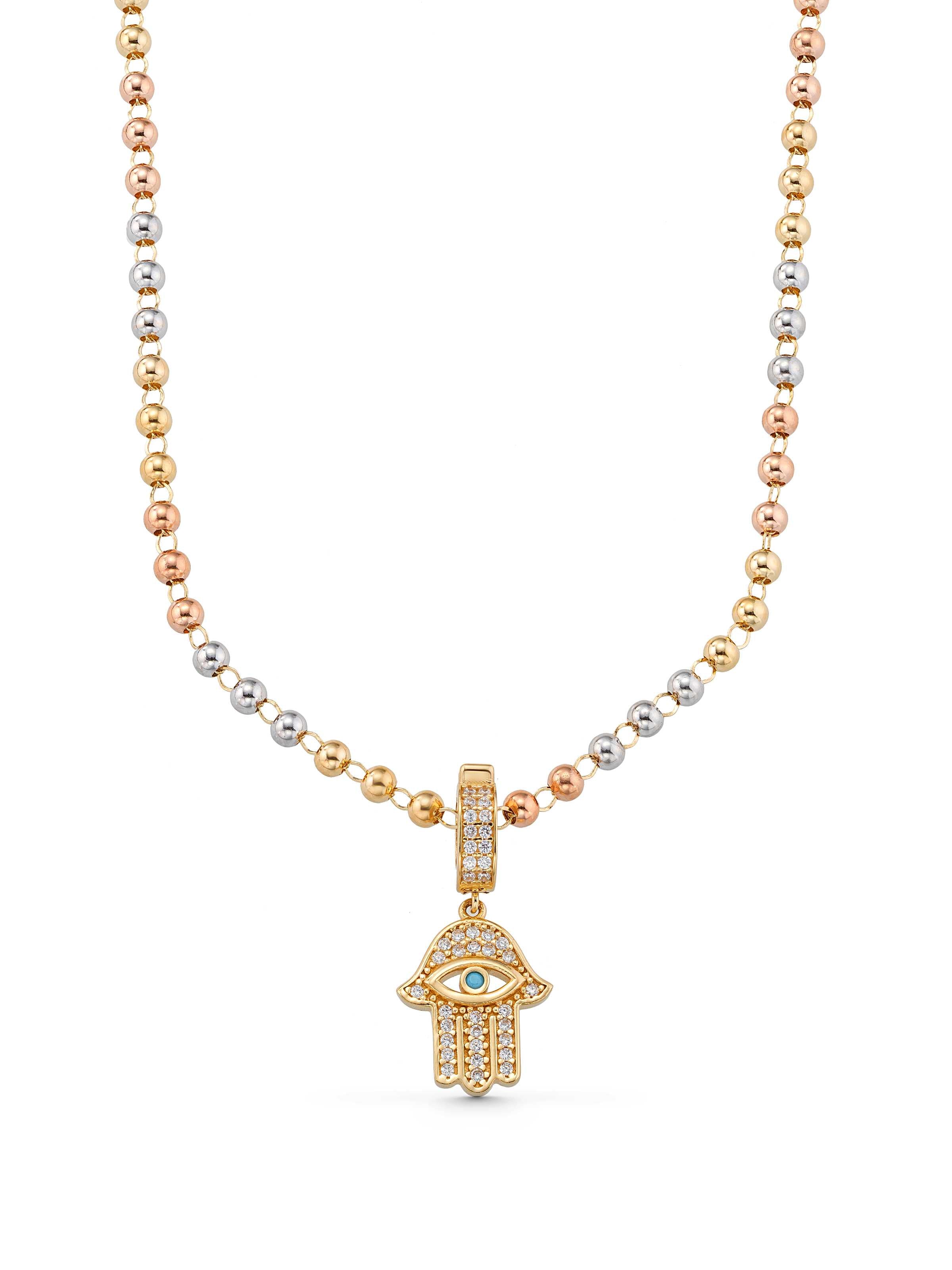 Row Dorika Bead Stone Hamsa Hand Necklace in 14K Gold by Elef Jewelry