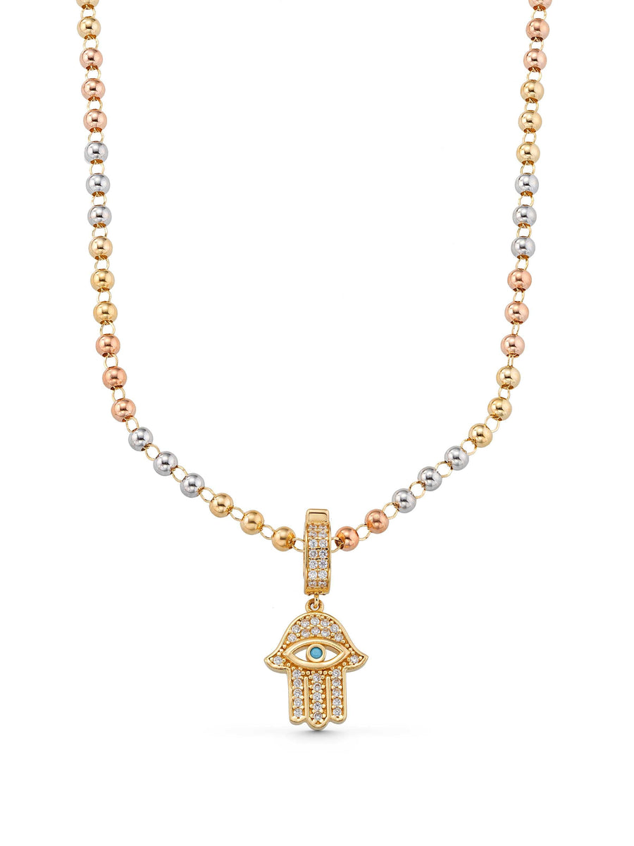 Row Dorika Bead Stone Hamsa Hand Necklace in 14K Gold