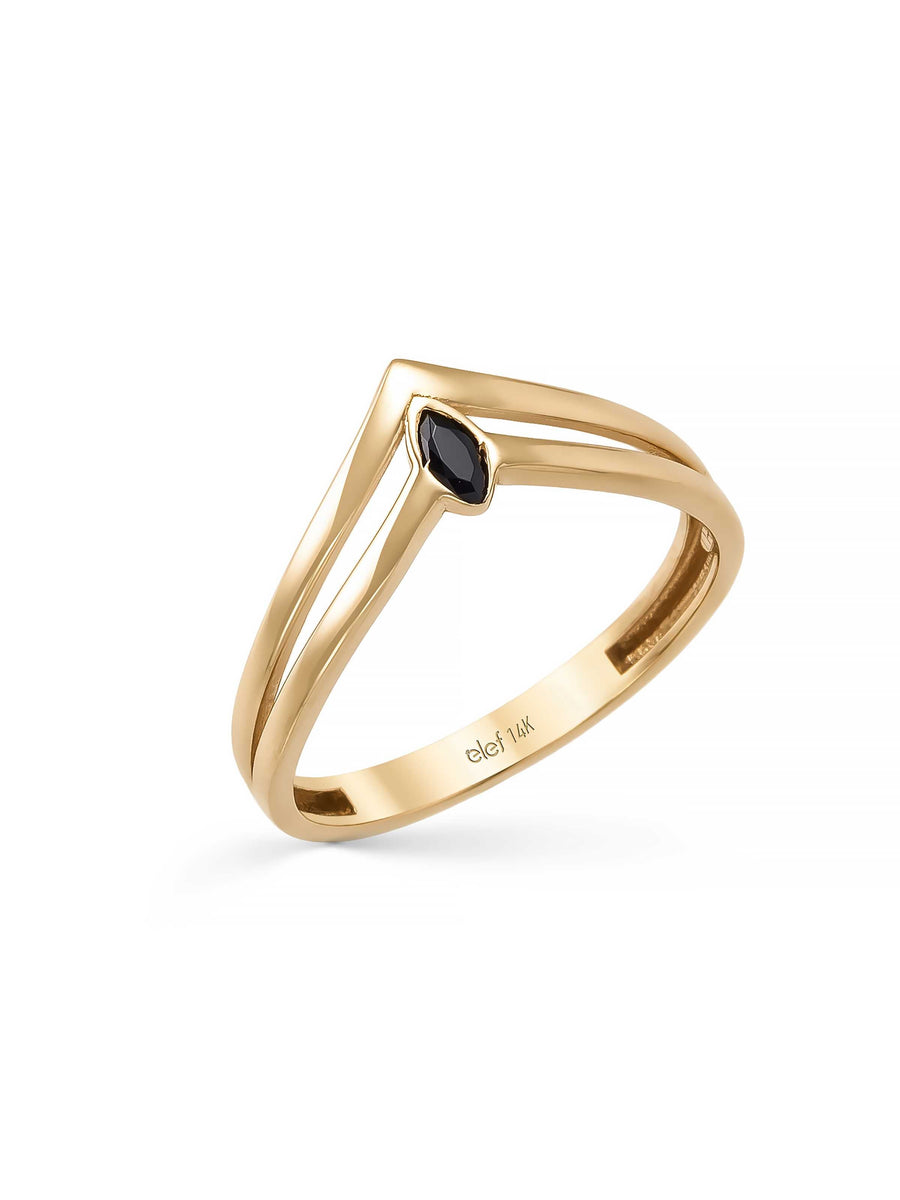 Black Marquise Stone Geometric Ring in 14K Gold