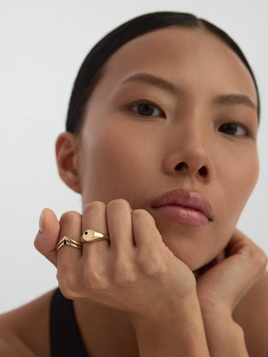 Black Marquise Stone Geometric Ring in 14K Gold