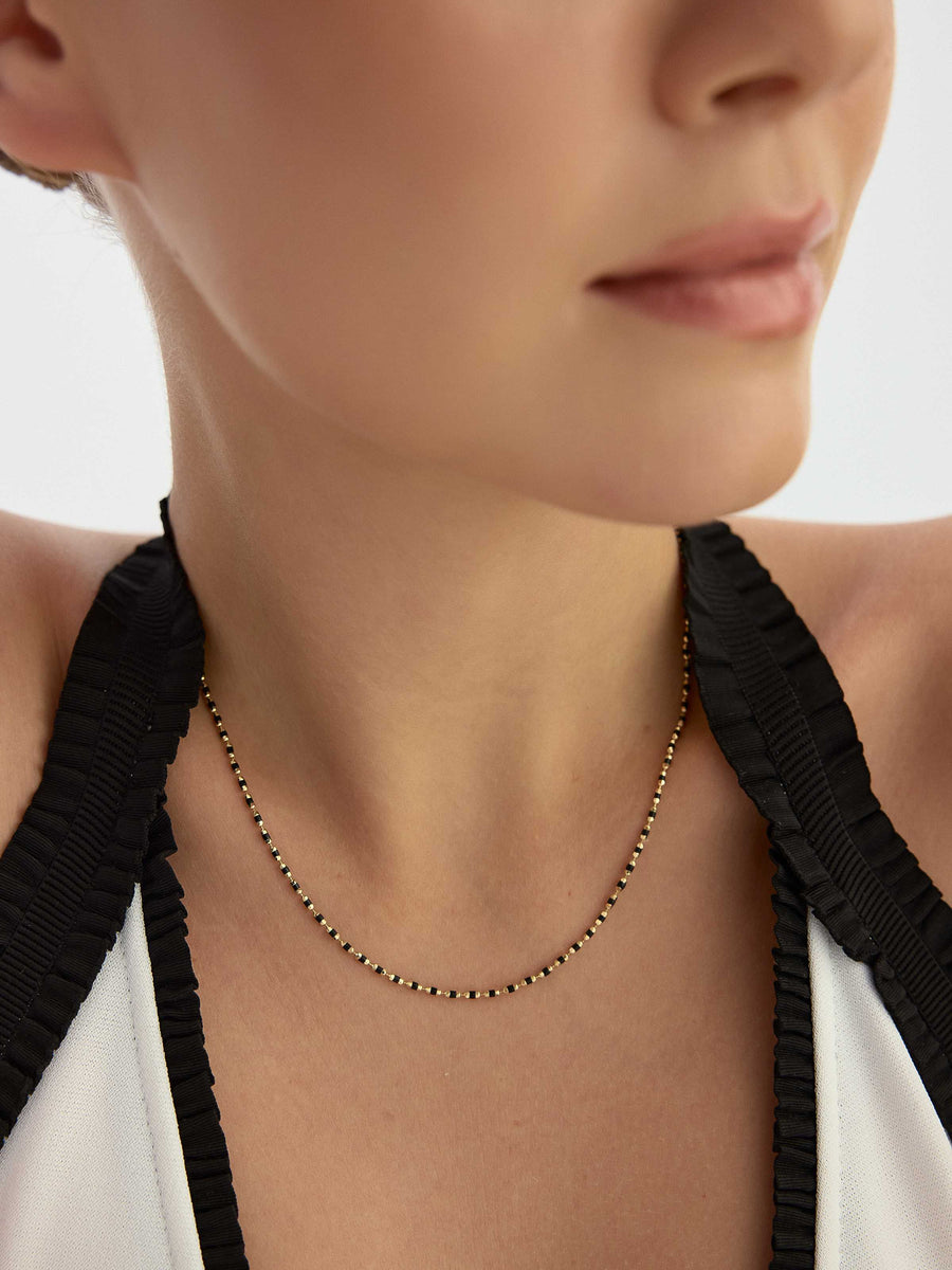 Black Enamel Necklace in 14K Gold