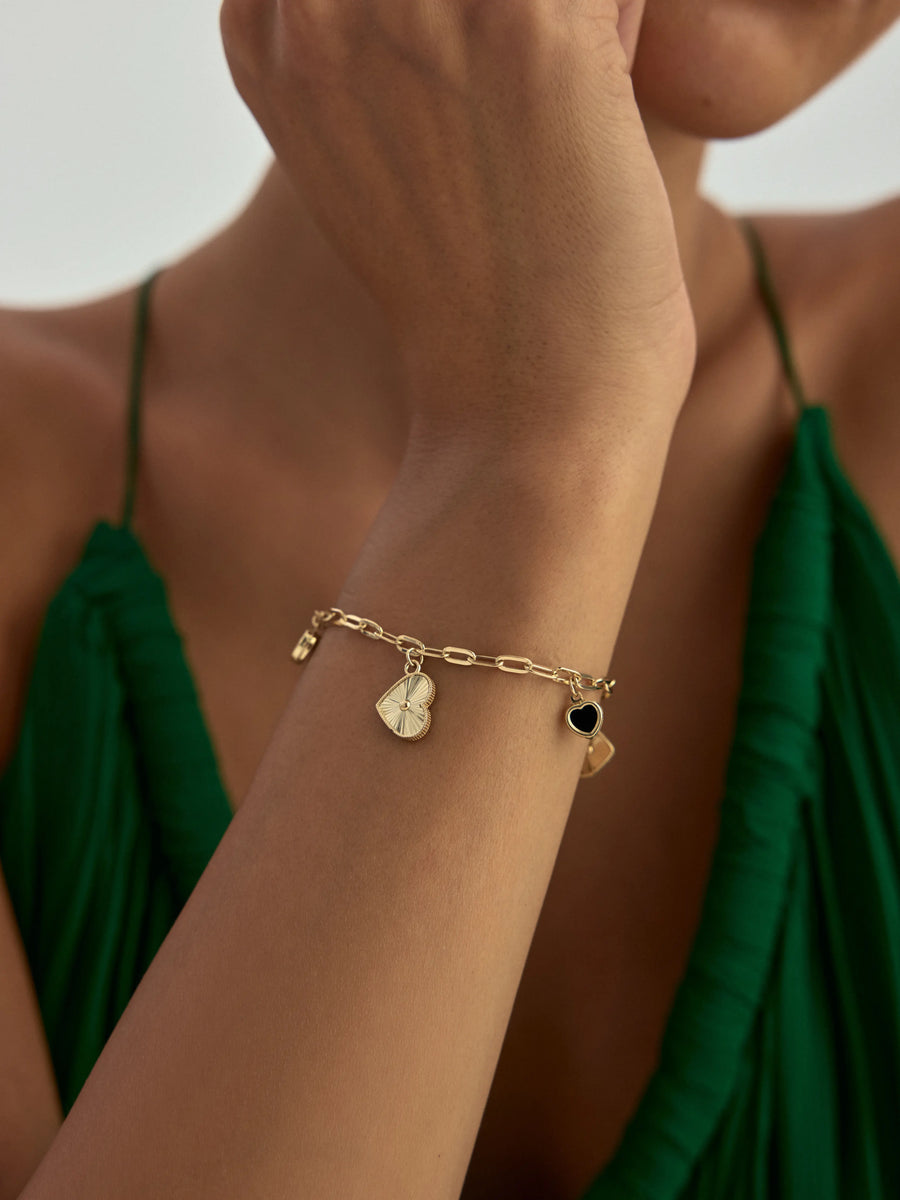 Black Enamel & Sparkling Heart Charm Bracelet in 14K Gold