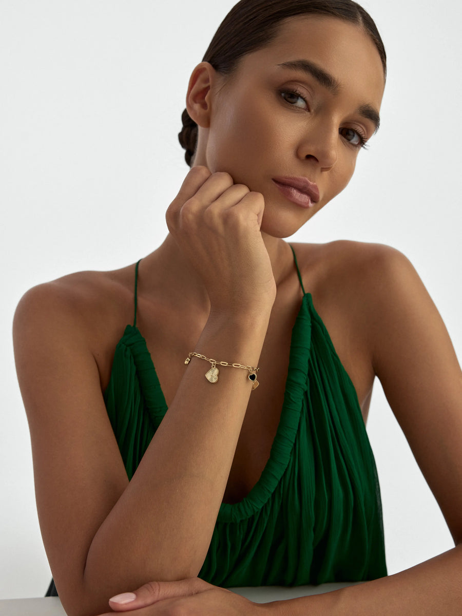 Black Enamel & Sparkling Heart Charm Bracelet in 14K Gold