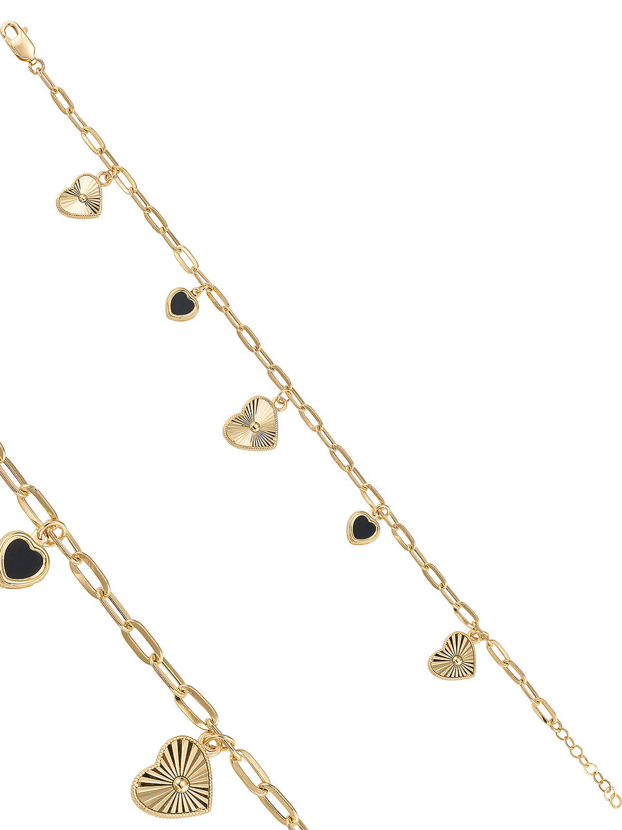 Black Enamel & Sparkling Heart Charm Bracelet in 14K Gold