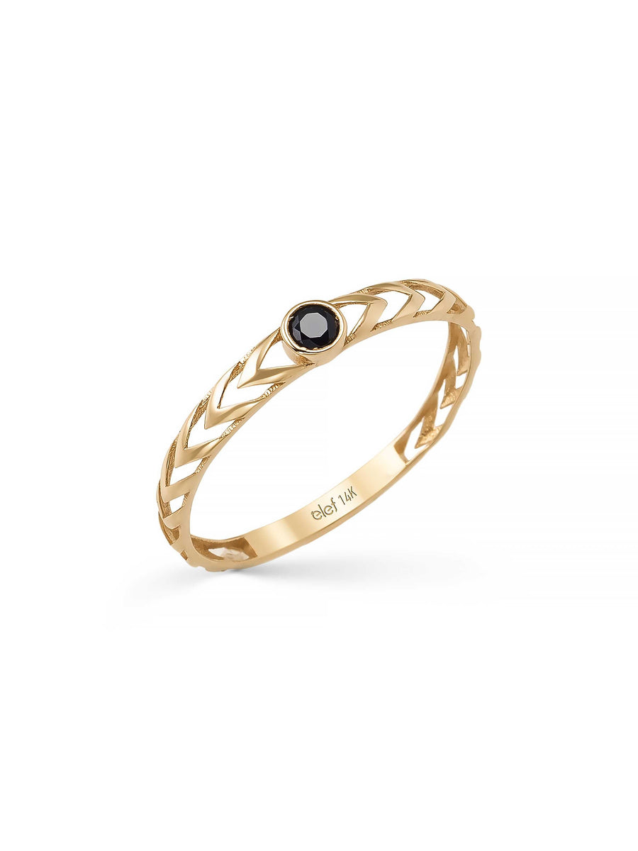 Black Stone Chevron Patterned Ring in 14K Gold
